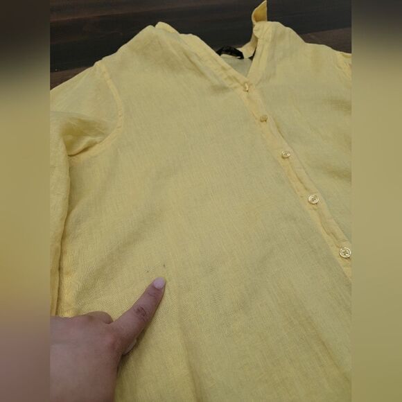Investments 100% Linen V Neck Button Down Shirt 3/4 Sleeve Yellow Lagenlook XL - Picture 8 of 8